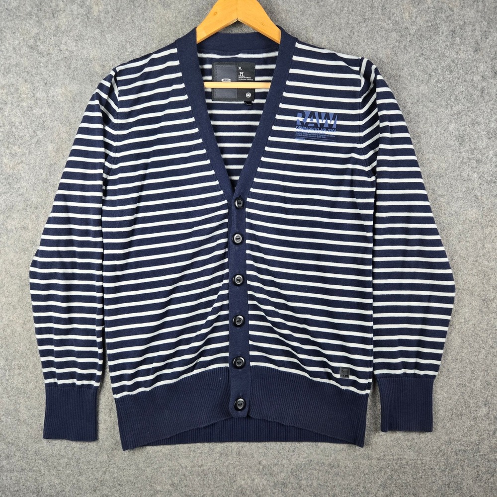 G-Star Raw Rugby Cardigan Womens XL Navy Blue Striped Logo Knit Sweater V-Neck